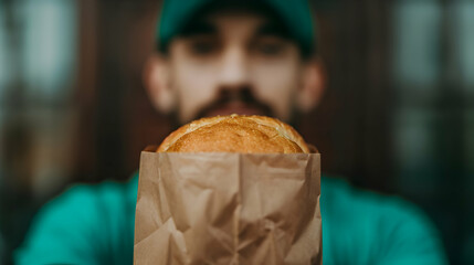 Closeup Paper Bag With Ready Eat Food Han