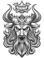 Fototapeta premium A black and white drawing of a man with horns and a beard. The man has a menacing look on his face and is surrounded by flames. The image is titled 