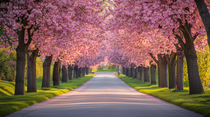 road lined with cherry blossom trees in full bloom