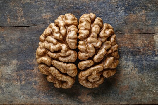 A walnut shell resembling a human brain on a rustic wooden surface