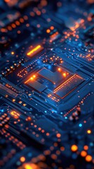 Close-up of a circuit board with vibrant blue and orange lights, showcasing intricate electronic components and connections.