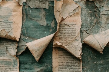 Close-up of aged, peeling paper revealing faded text, creating a vintage and nostalgic atmosphere in a textured background.