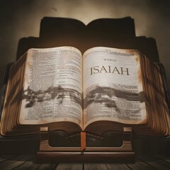 An epic cinematic presentation of an open bible. The book of Isaiah is visible, with the name Isaiah prominently displayed.