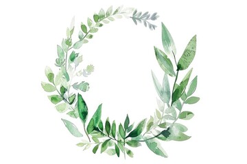 Obraz premium Elegant watercolor leafy wreath with various shades of green. Perfect for invitations, digital artwork, or decorative designs.