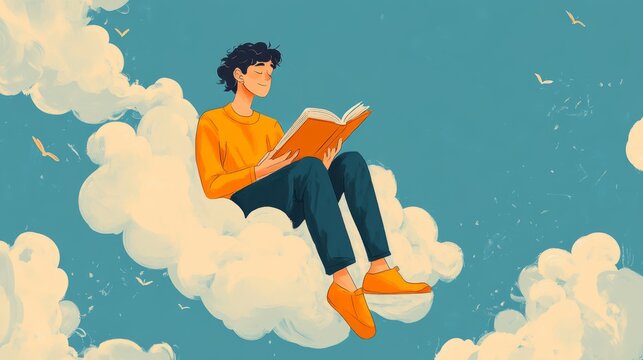 A young man sits on a fluffy white cloud, reading a book against a bright blue sky with white birds.