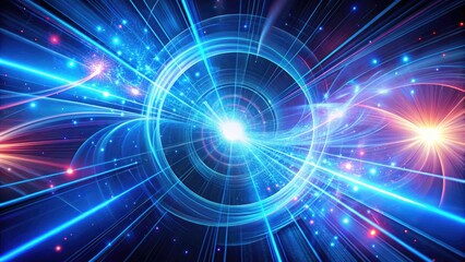 Obraz premium Futuristic blue laser beams emanate from a swirling vortex of vibrant, neon-lit vectors, creating a mesmerizing, high-tech abstract background with a sense of energy and movement.