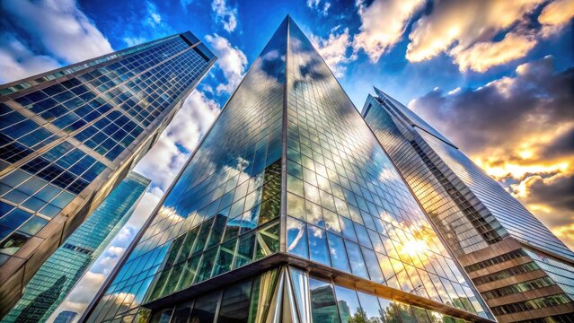Glassy skyscraper pierces the sky, its angular, reflective fa&ccedil;ade glinting in sunlight, modernizing the London cityscape with sleek, futuristic elegance.