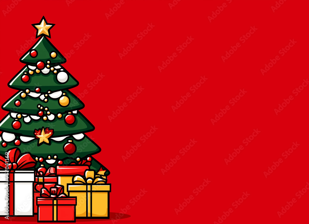 Wall mural a red background with a christmas tree in the foreground. the tree is decorated with many ornaments 