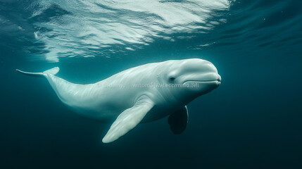 Fototapeta premium White Beluga Whale Swimming Underwater in the Ocean