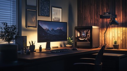 Elegant office design featuring a high-end computer on a dark desk, with warm, soft lighting.
