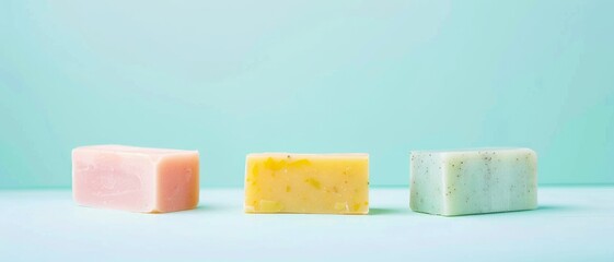 Three handcrafted soap bars in pastel colors, neatly arranged against a clean, teal background.