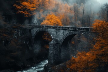PNW autumn fairytale forest with foliage and arch bridge