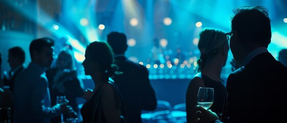 Partygoers, bathed in vibrant blue and purple lights, engage in lively conversation at a stylish evening event, creating an ambiance of elegance and excitement.