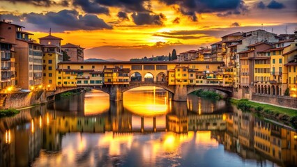 Obraz premium Golden light casts a warm glow on the ancient Ponte Vecchio, surrounded by medieval architecture, over the serene Arno River in Florence, Italy.