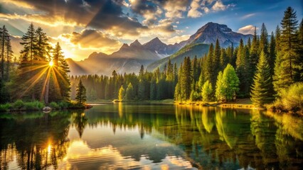 Fototapeta premium Golden sunlight filters through towering trees, illuminating a serene forest lake's rippled surface, surrounded by lush greenery and majestic mountain peaks in the background.