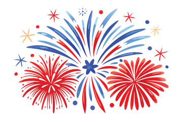 Watercolor red and blue fireworks display on white, clip art illustration