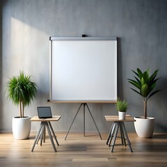 Blank presentation screen mockup with laptop. plants. and minimalist furniture.