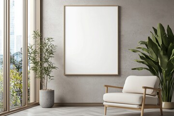 Poster Frame in Beige minimalist living room interior created with generative AI