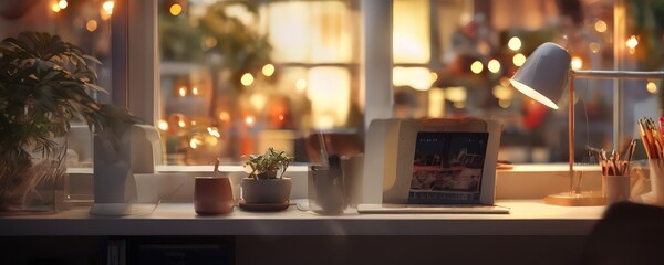 desk with laptop and plant on it