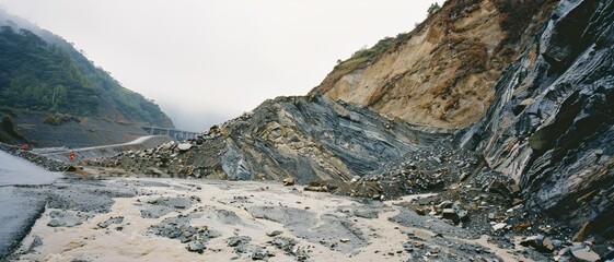 A wide-angle view of a rocky landslide carving through a mountainside, revealing raw natural power and the unpredictable force of nature.
