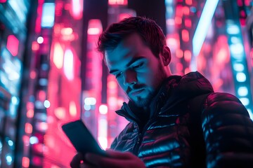 Obraz premium man on his smartphone with futuristic urban city and neon lights in the background