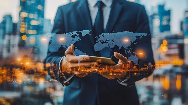 Double exposure Businessman collaborates with international e-commerce platforms to expand global market reach.