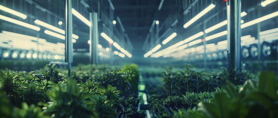 A lush, organized indoor greenhouse brimming with green plants under continuous bright lighting, representing a blend of nature and technology.
