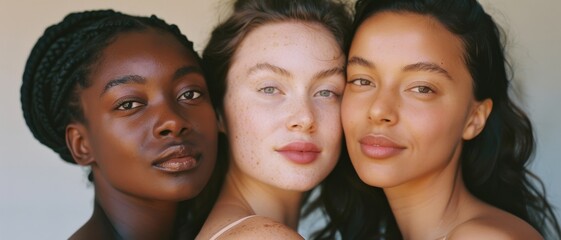 Obraz premium Three women of diverse backgrounds and natural beauty pose closely together, exuding inner strength and harmony.
