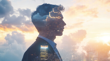 Double exposure Businessman integrates cloud-based platforms for seamless communication with global partners.