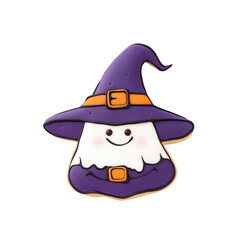 Cute cartoon ghost wearing a purple witch hat, perfect for Halloween-themed designs and decorations.