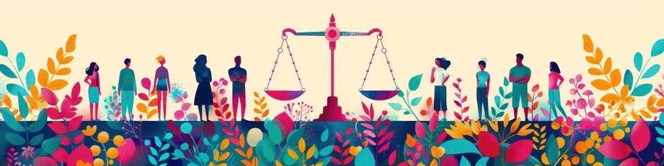 depicting the scales of justice balanced against a lush colorful natural backdrop of flourishing flora symbolizing the need for environmental stewardship within our communities