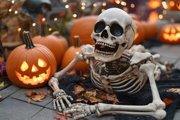 Fototapeta premium Halloween skeleton with jack-o-lanterns pumpkins around