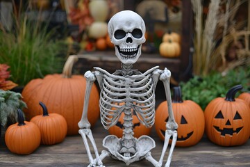 Fototapeta premium Halloween skeleton with jack-o-lanterns pumpkins around