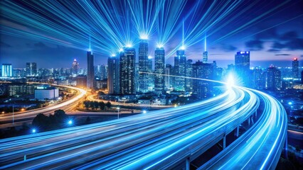 Fototapeta premium High-speed data transmission visualized as bright blue light trails whisking through fiber optic cables, blurring cityscape background, symbolizing rapid digital communication and information 