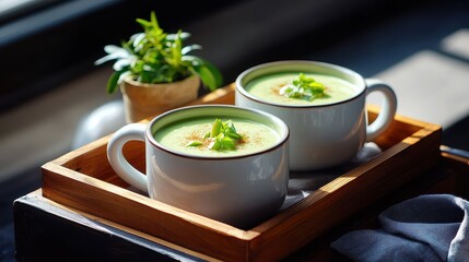 Two cups of vibrant green soup served on a wooden tray, garnished with herbs and a small plant beside for a fresh touch.