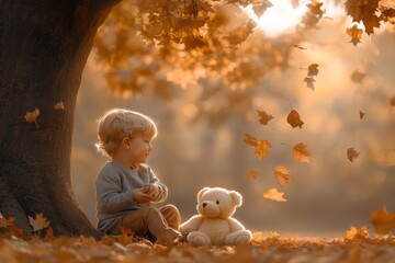 Child playing with airplane, knitted teddy bear, and airplane in autumn park