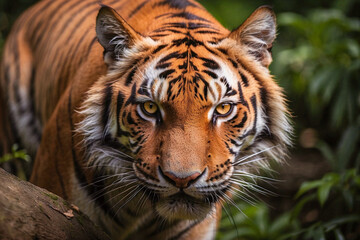 Fototapeta premium A fierce tiger with striking brown and black stripes gazes intently from the jungle. Its captivating brown eyes and the blurred background emphasize its dangerous allure and raw power.