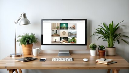 A clean and modern desktop setup with a sleek iMac displaying a mockup of a website or app.