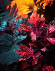 bunch colorful leaves in dark room