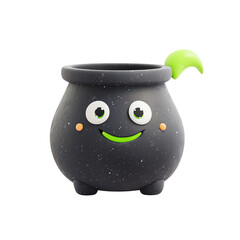 A cheerful black cauldron with a smiling face and green handle, perfect for Halloween or whimsical decor.