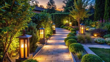 Illuminated pathway lined with elegant lanterns and lush greenery at dusk, showcasing a serene and inviting outdoor lighting design in a modern urban garden setting.