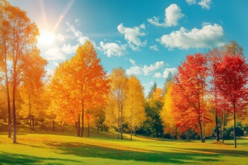 Fototapeta premium A beautiful autumn landscape with sun-rays, red and yellow trees, falling leaves, and colorful leaves in a park. Fall colours and falling leaves.