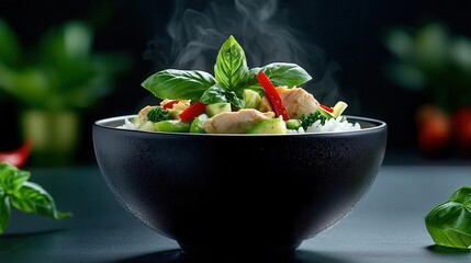 Ultra-detailed image of a steaming bowl of spicy Thai green curry with chicken