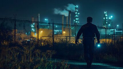 Nighttime Industrial Security Patrol with Flashlight