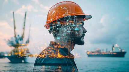 Obraz premium Double exposure Engineer hardhat creates innovative solutions for autonomous ship navigation in international waters.
