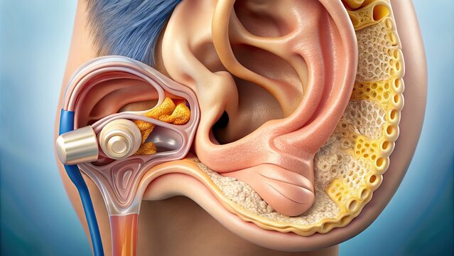 Intimate audio equipment detail showcases ear canal structure in a human's inner ear.