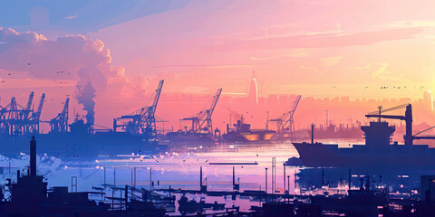 Obraz premium An abstract rendering of a European port with cargo ships and cranes in the distance.