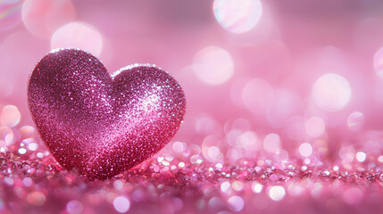 Panorama Heart-shaped glitter and bokeh light on pink sweet background color.