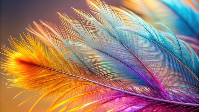 Intimate close-up of a delicate feather's intricate details, showcasing soft, fluffy barbs and microscopic structures in vibrant hues, set against a clean, neutral background.