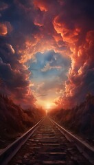 Naklejka premium train track with sunset in the background